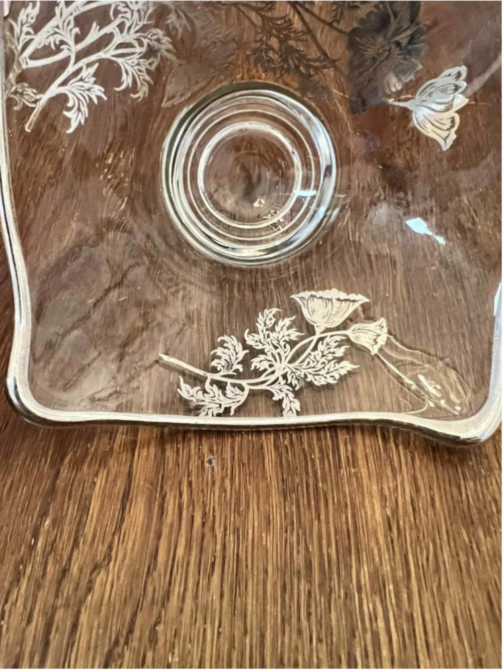 Square Glass Bowl Candy Dish Silver 6in Poppy Pattern Footed Vintage EUC